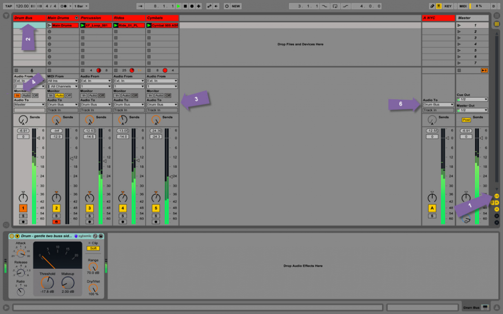 Buses vs groups in Ableton: my drum bus, which I send all of my drum tracks/channels through