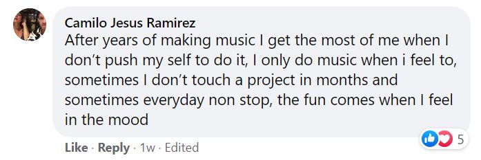 a photo of a Facebook post saying how Camilo has fun making music. You can read the text in this article above.