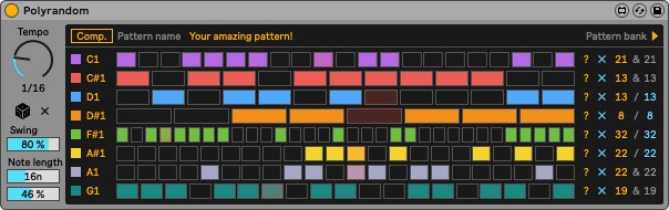 An image of polyrandom, one of my favorite generative sequencers.