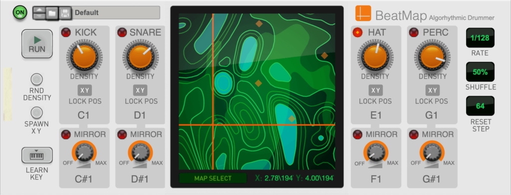A screenshot of Reason Beat Map which acts as a virtual session drummer, allowing for amazing generative sequences.
