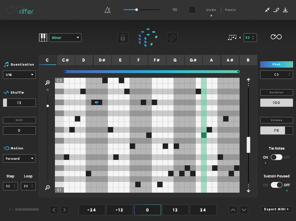 A photo of Riffer. This is one of the best generative sequencers for melodies. 